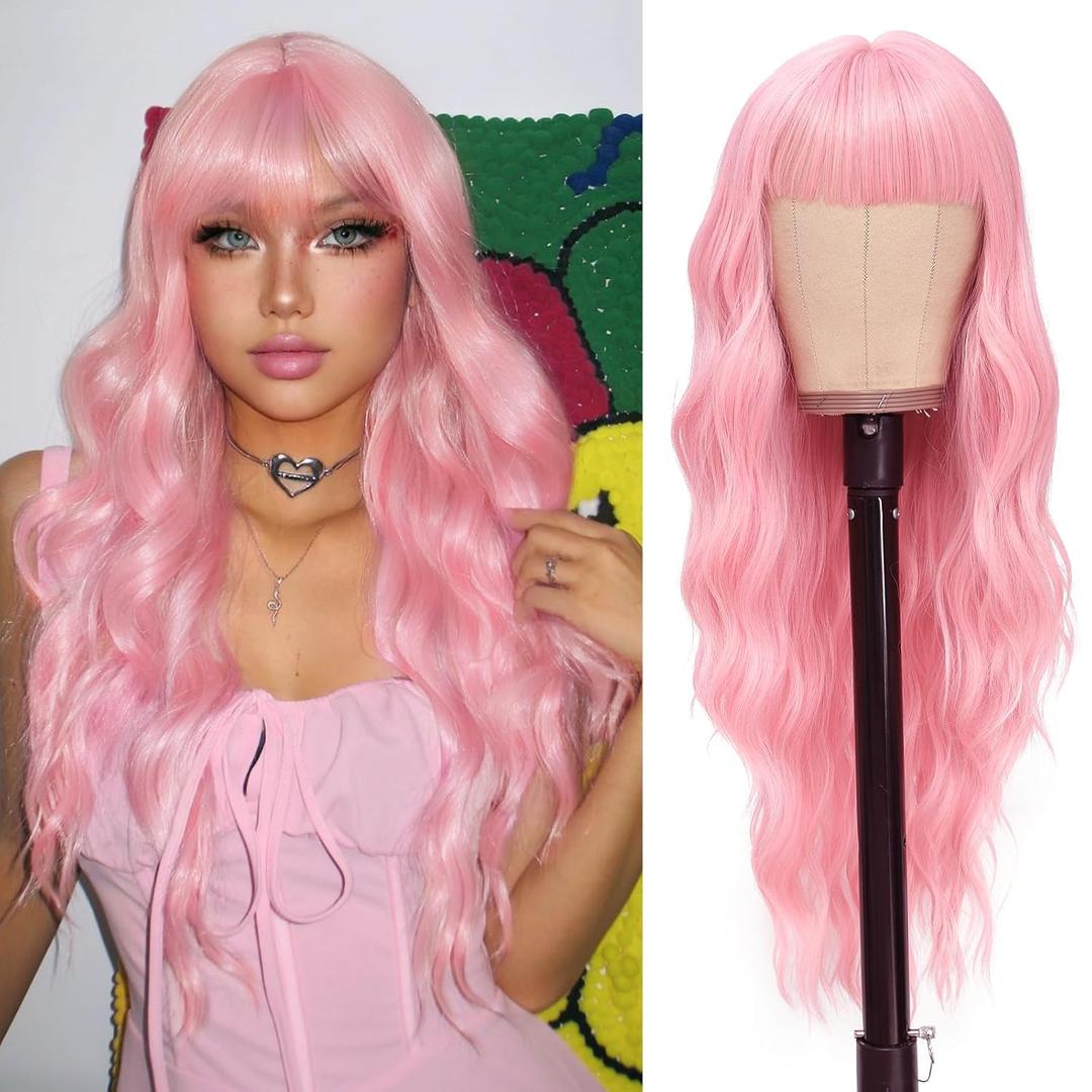 NAYOO Pink Wigs with Bangs - Long Curly Wavy Synthetic Fiber Wigs for Daily Party Use - Heat Resistant - 26 Inches (Pink)