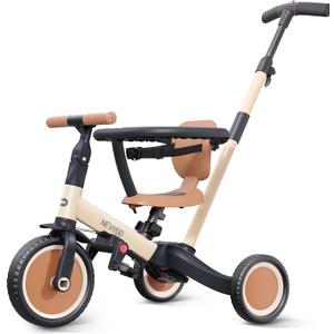 Newyoo TR008 5 in 1 Toddler Tricycle with Push Handle for 1-3 Year Old Boys and Girls, Kids Push Trike with Safe Bar, Toddler Bike, Convert to Balance Bike, Birthday Gifts and Toys for Baby, Cream