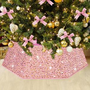 Pink Gold Tree Collar 31.49 Inch Sequin Foldable Christmas Tree Ring Velvet Tree Skirt Cover for 9ft Pencil Tree Holiday Xmas Decor