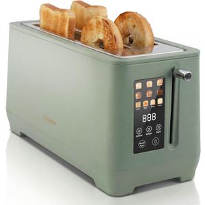 4 Slice Toaster, Long Slot Touch Screen Retro Toaster with Digital Countdown, Extra-Wide Slots for Bagels & Bread, 6 Browning Levels, 5 Bread Modes, Defrost Reheat Cancel, Stainless Steel (Green)