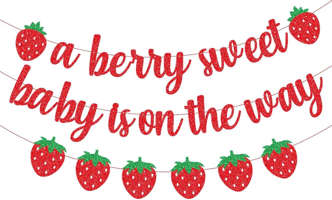 A Berry Sweet Baby Is On The Way Banner with Strawberry Garland, Berry Fruit Themed Baby Shower Gender Reveal Decorations, Summer Garland Photo Prop for Indoor Outdoor Welcome Baby Party Supplies