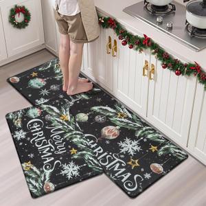 Ileading Christmas Kitchen Rugs Set of 2, Black Xmas Balls Decorative Anti Fatigue Non Slip Memory Foam Waterproof Standing Mats Winter Holiday Decor Floor Carpets for Sink Hallway