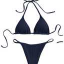 SHENHE Women's Ribbed Knit Halter Triangle Bikini Set Deep Blue (L)
