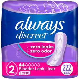 Always Discreet Incontinence Panty Liners for Women with Bladder Leaks, Size 2, Very Light Absorbency, Long Length, 111 CT x 2 Packs (222 Total Count)