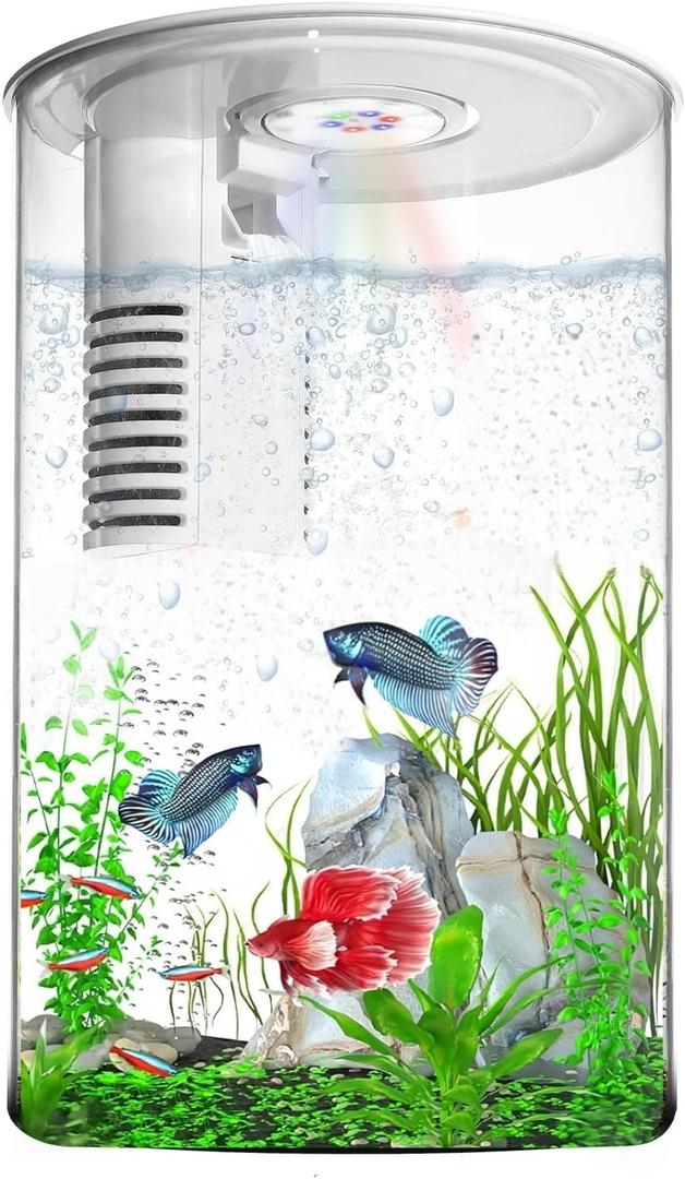 Desktop Fish Tank 3 Gallon SelfCleaning, Nano Aquarium Goldfish Tank Starter Kit with LED Light & Filter, 360 View for Small Fish, Kids Room & Home Decor (17Color Modes, Large)