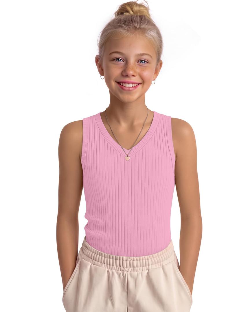 LessonZoo Girls' Tank Tops Sleeveless Shirts, Light Pink, 13-14 Years