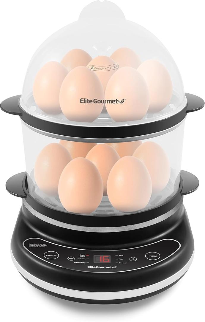 Elite Gourmet EGC314CB Digital Easy Egg Cooker Food Steamer, Poacher, Omelet, Soft, Medium, Hard-Boiled Egg with 6 Programmed Preset Functions, 2-Tiers, Measuring Cup, 14 egg capacity, Black