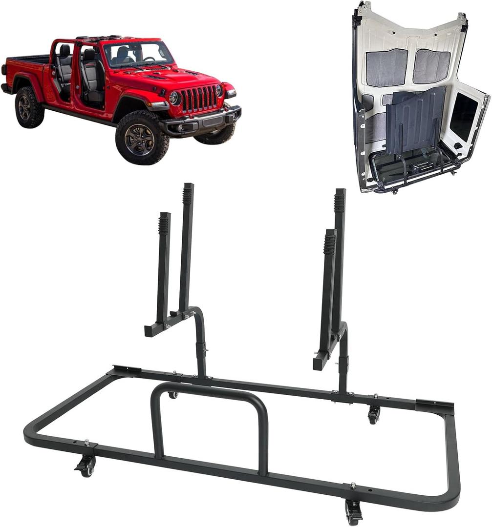 SUNPIE Upgraded Sliding Hard Top Carrier Freedom Panel Storage Rack Compatible with Jeep Wrangler 1987-2025 YJ TJ JK JKU JL JLU 2 Doors 4 Doors Movable Cart with Suction Cup to Secure Rear Window