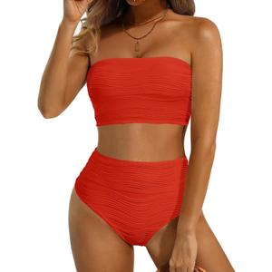 High Waisted Bandeau Bikini Set - Women Strapless Two Piece Swimsuits Ribbed Longline Full Coverage Bathing Suits Swimwear (Large, Red)