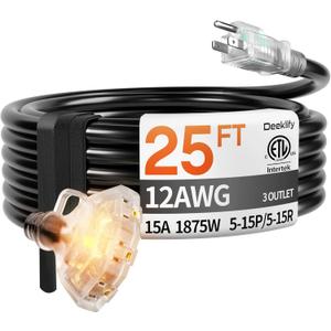 25 ft 12 Gauge Heavy Duty 3 Outlet Extension Cord Splitter with Indicator, Waterproof Outdoor Extension Cord with Multiple Outlets, 15A 1875W for Home & Workshop, ETL Listed, Black SJTW