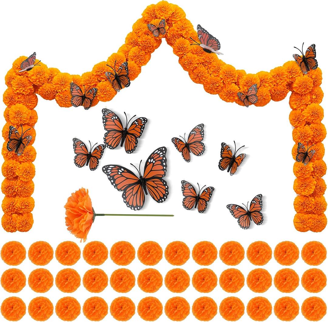 105 PCS Artificial Marigold Flowers with 12 Orange Monarch Butterflies Decor, 3.5 Inch Silk Dia de Los Muertos Flowers for Altars, DIY Fiesta, Halloween, Diwali Bulk Orange Mexican Flowers