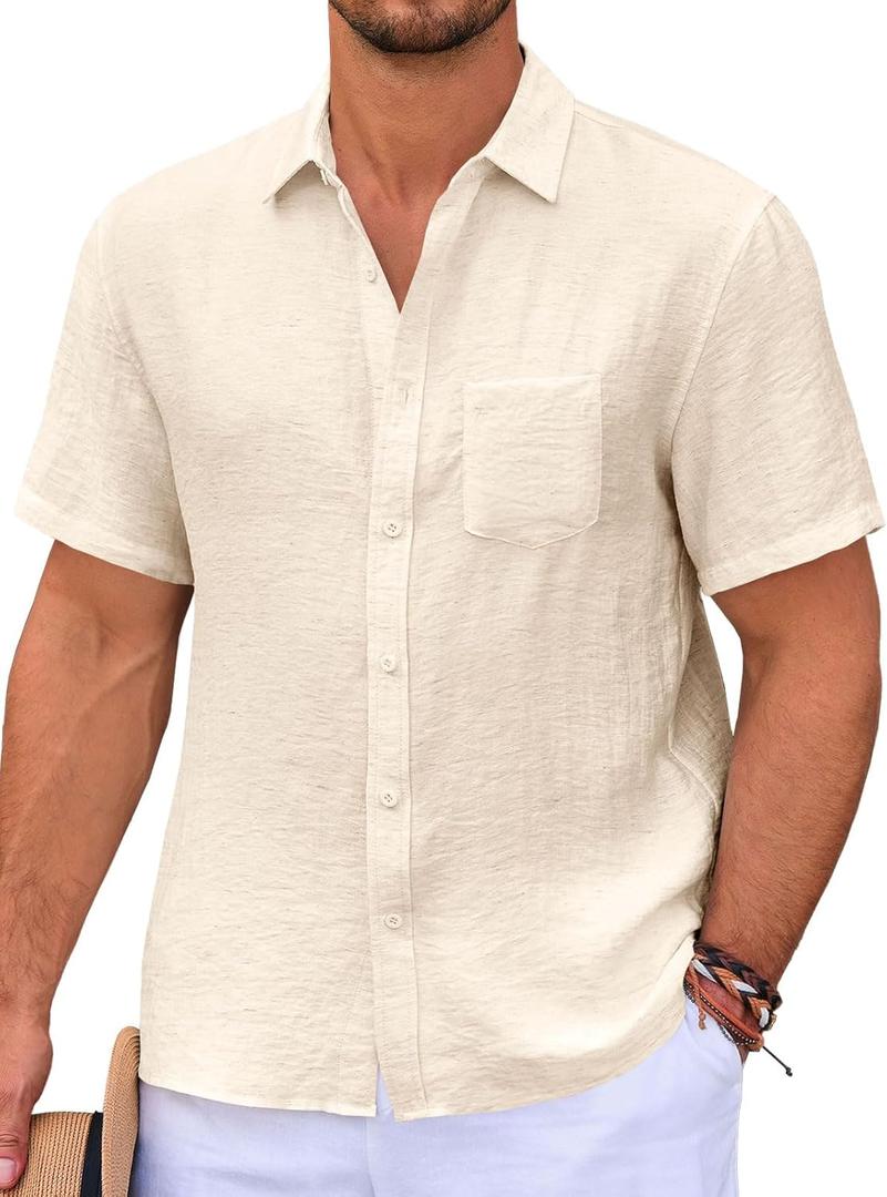 Runcati Mens Casual Shirts Button Down Short Sleeve Lightweight Linen Shirt Summer Beach Tops with Pocket (X-Large, Beige)
