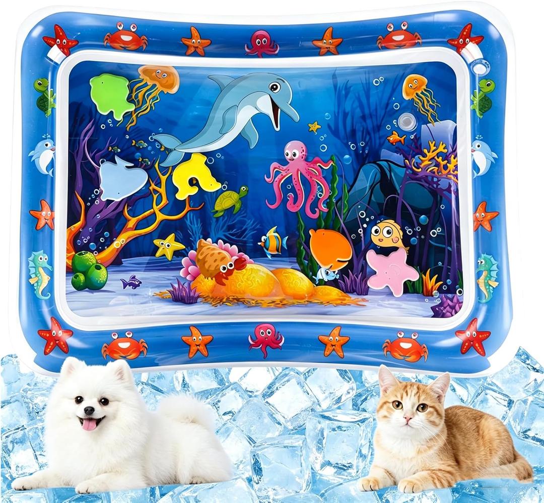 2026 Upgraded Thickened Cat Water Sensory Play Mat, Anti-Scratch Leak Proof Cooling Pad with Floating Fish Toy, Interactive Hunting Exercise Mat for Indoor Cats, Portable Summer Pet Cooling Play Mat