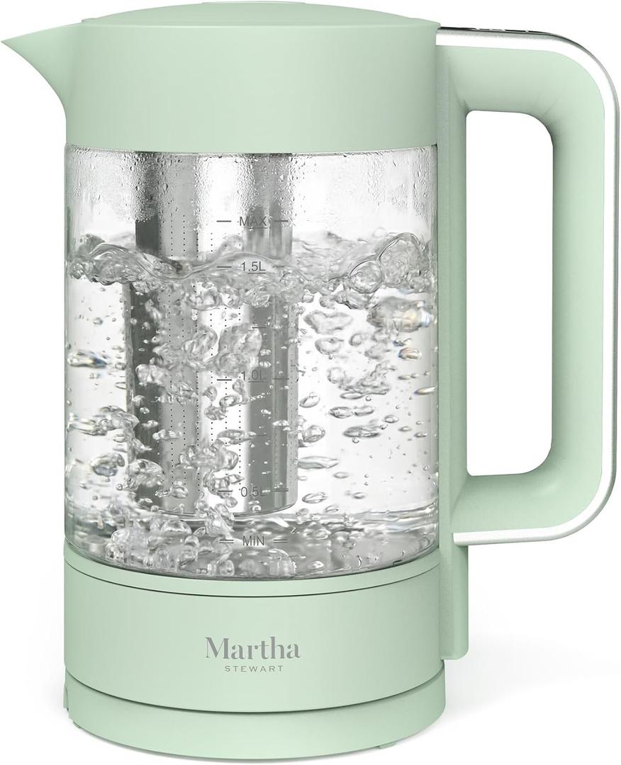 Martha Stewart Electric Kettle with Removable Stainless Steel Tea Infuser, Glass Carafe1.7L (7 Cups), Hot Water Boiler, 4 Presets, Keep Warm & Auto Shut-Off, Cordless 360 Swivel Base, Honeydew Green