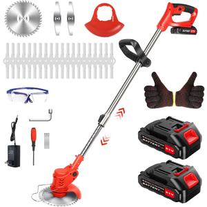 Cordless Lawn Trimmer Weed Wacker, 21V Lawn Mower Grass Edger with 3 Types Blades & 2X Battery, Lightweight 125 cm Retractable Weed Trimmer/Stringless Grass Trimmer/Brush Cutter with for Garden Yard (BRIGHT RED)