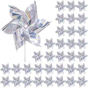 Qualirey 36 Pcs Reflective Pinwheels Bulk Silver Sparkly Pin Wheels for Yard and Garden Decor Bird Deterrent High Reflective Bird Repellent Devices Wind Spinner for Garden Lawn Farm Scare Birds