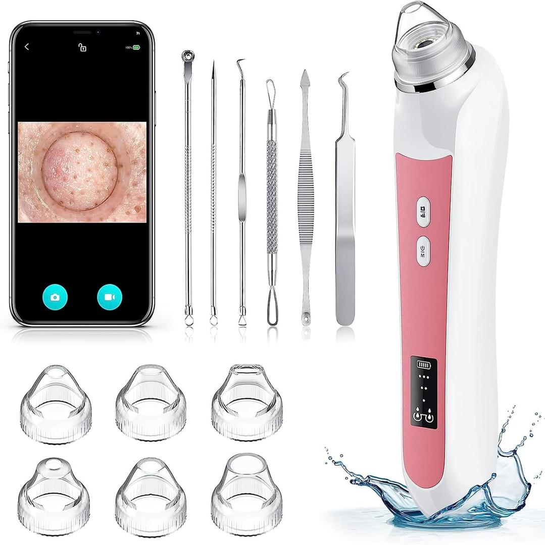 Blackhead Remover Vacuum, USB Interface Type Pore Vacuum, Black Head Extractions Tool with Camera for, Men and Women Pore Cleaner, 3 Adjustment Modes & 6 Suction Heads(Light Pink)