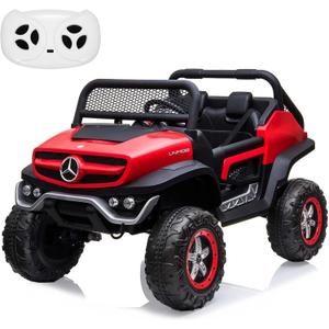 24V 2 Seater Kids Ride On Truck Licensed Mercedes Benz Ride On Toy for Toddles Electric Vehicle with Remote Control, Battery Display, Trunk, Spring Suspension, Led Lights, Music, Red