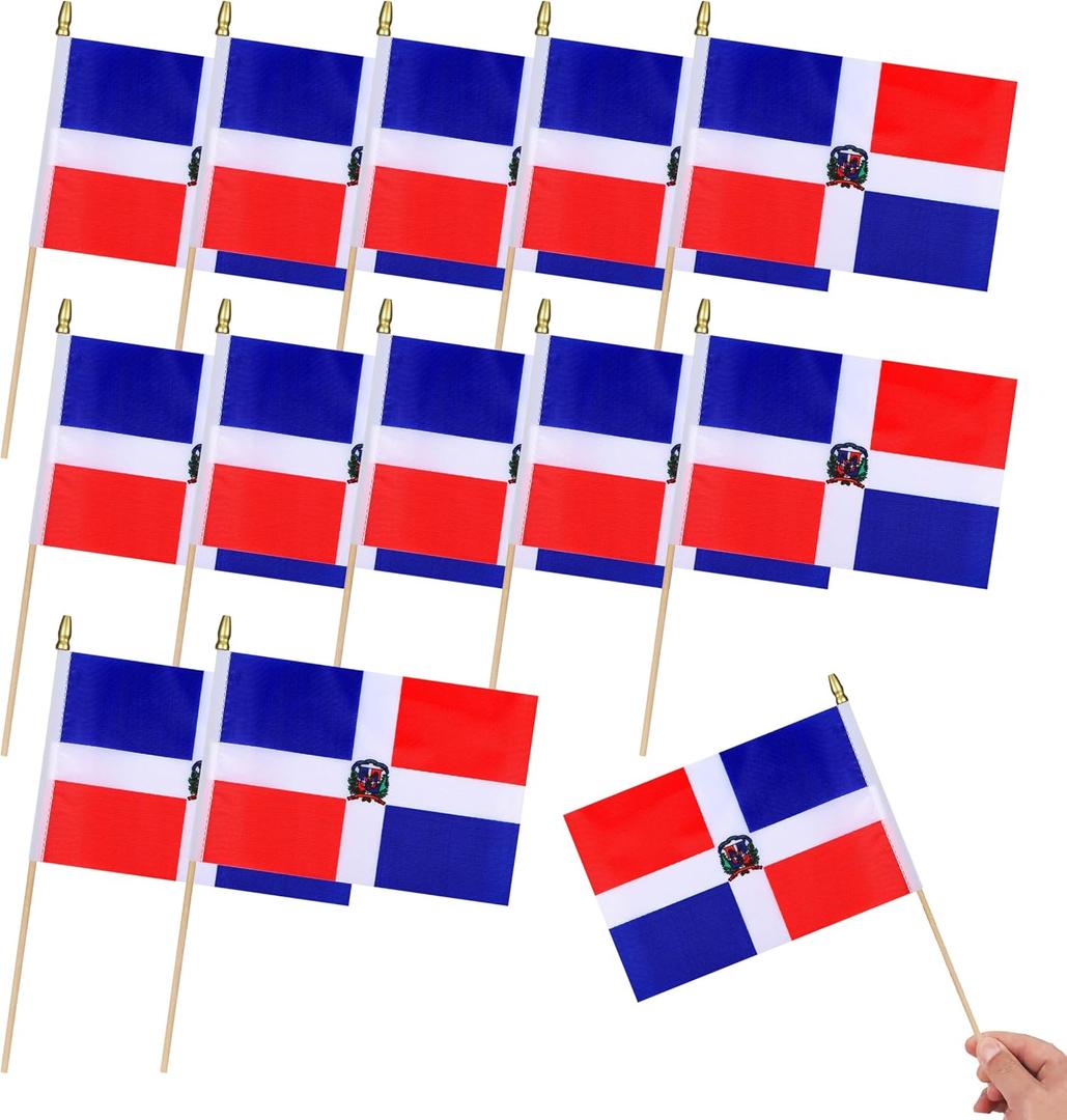 2 x 12Pcs Small Dominican Republic Flags on Wooden Stick Mini Dominican Flag Hand Held Flag Decorations,5x8 Inch