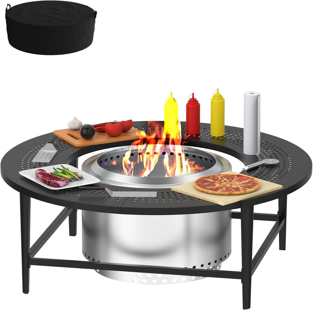 38 Inch Fire Pit Surround Tabletop for Solo Stove Bonfire/Ranger/Tiki Accessories, Smokeless Fire Pit Table & Dust Cover for Solo Stove and Other Wood Burning, Powder-Coated Steel Stove Table Surround