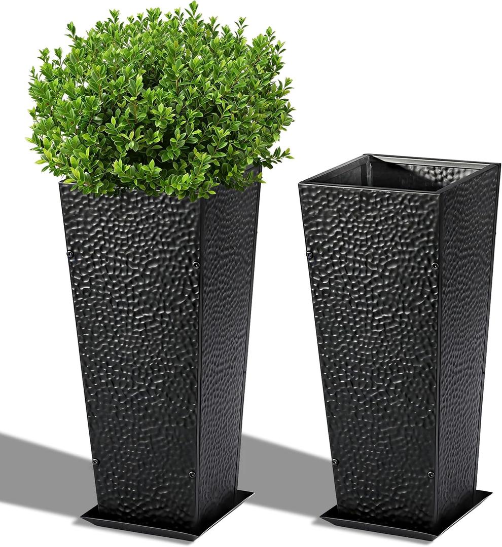 BAYN 2-Pack 24" Tall Metal Planter Hand-Hammered Textured Large Black Flower Pots Box with Saucer for Outdoor&Indoor, Garden, Porch, Patio, Yard with Pre-Drilled Drainage Holes