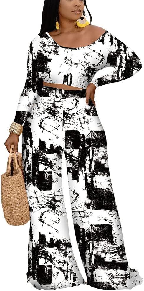 2 Piece Outfits for Women Sexy Backless Long Sleeve Crop Top High Waist Wide Leg Long Pant Sets Tracksuit Printed Set (3X-Large, 9380-black)