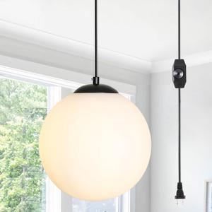 Globe Plug-in Pendant Lights - Black Mid Century Light Fixture with Milk Glass, Modern Ceiling Chandelier, Large Hanging Pendant Light for Kitchen, Bedroom, Living Room, Dinning Room, Hallway