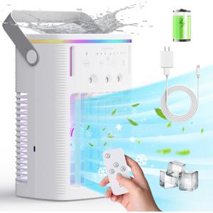 Portable Air Conditioners Rechargeable,5000mAh 3-Speed Small AC Fan,Portable Air Cooler with Remote,Timer function,7-Color Night light,3-Level Mist modes,Personal AC for Office,Camping.