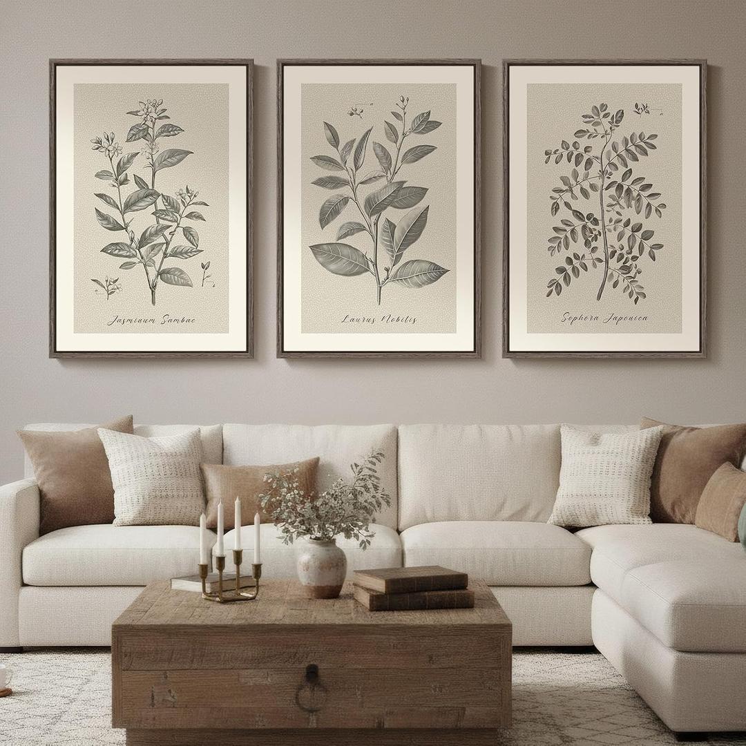 Large Framed Vintage Botanical Wall Art for Living Room, 3 Piece Rustic Farmhouse Plant Canvas Painting Prints Artwork, Neutral Natural Floral Pictures for Bedroom Kitchen Hallway Wall Decor, 24x36, 24" W x 36" H x 3Pcs