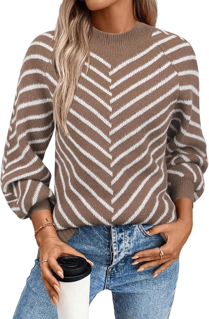Theenkoln Women Striped Fall Sweater:Crew Neck Long Sleeve Color Block Casual Loose Pullover Knit Tops, M