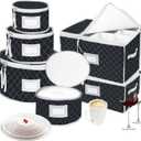 VERONLY China Dinnerware Storage Containers Set- Dish,Mug,Stemware Storage Cases - Quilted Box Bins Stackable with Divider,handles,Clear Window for Cups,Plates,Wine Glasses Moving Set of 6 (Black)