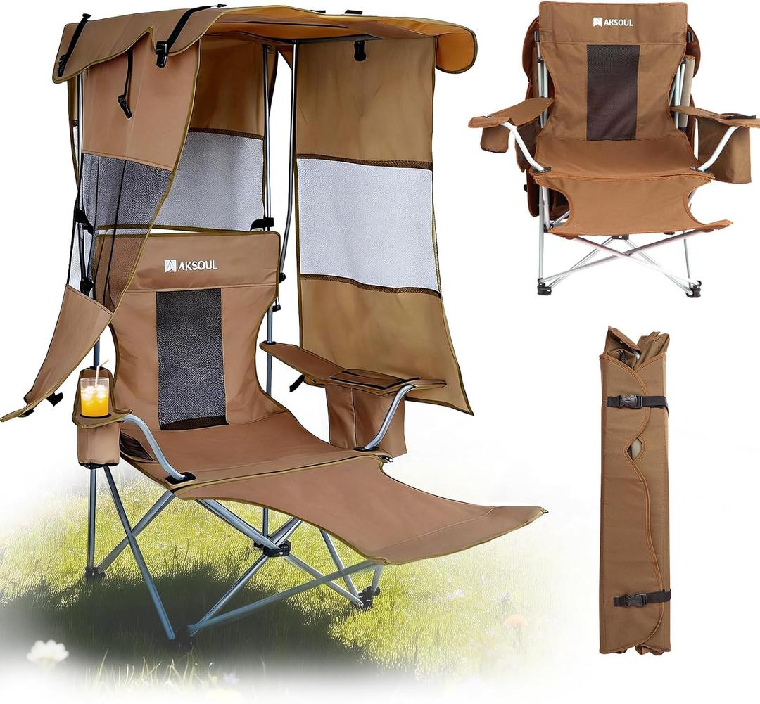 AKSOUL Folding Camping Chair with Shade: Canopy Camp Chairs with Umbrella for Adults,Portable Beach Chairs with Cup Holder, Side Pocket for Lawn, Sports, Tailgates, Fishing - Support 330 LBS,Brown, 22x20x55 inches