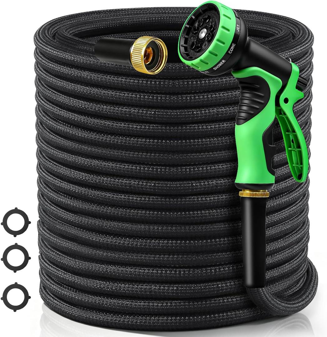 NON-EXPANDABLE Garden Hose 50ft x5/8'', Heavy Duty Flexible Water Hose with 10-Function Sprayer, Lightweight, Leak Proof, Durable Fabric Skin, Pressure Resistant for Yard, Outdoor
