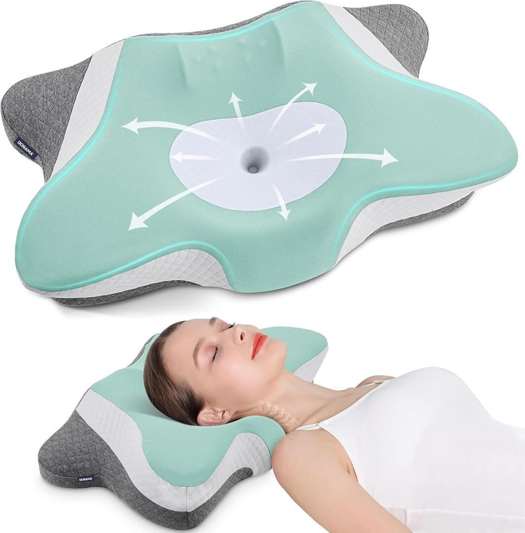 DONAMA Cervical Neck Pillow for Sleeping, Ergonomic Memory Foam Pillows with Built-in/Removable Small Neck Support Pillow, Contour Bed Pillows for Side Back Stomach Sleepers with Cooling Pillowcase (Queen Size (22.8"Lx14.6"Wx5.5"H), Green+white)