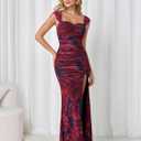 Off Shoulder Corset Long Formal Wedding Guest Dresses for Women Floral Slit Ruched Bodycon Maxi Dress (L)