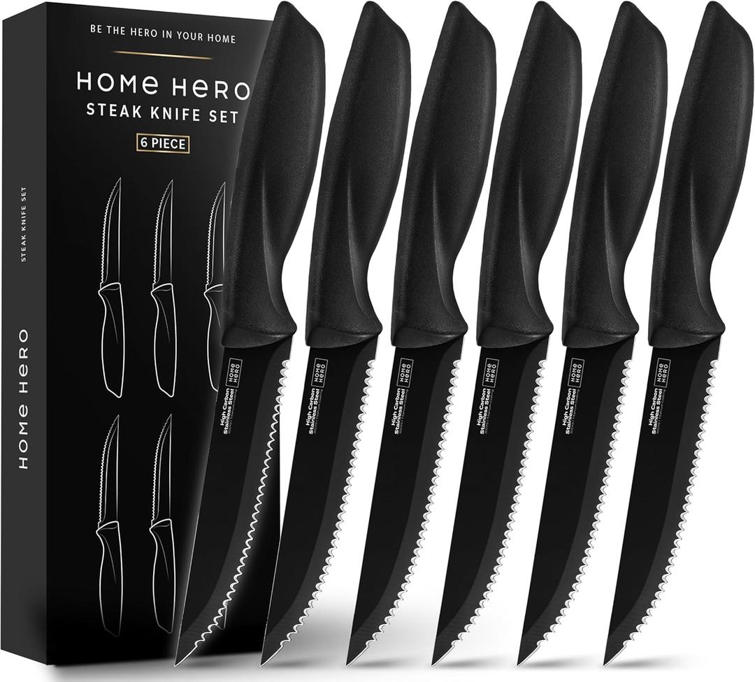 Home Hero Steak Knife Set - Nonstick Serrated Steak Knives - Stainless-Steel Kitchen Knife Set - Ergonomic TPR Handles for Precision Meat Carver - 6-Pc Set, Black