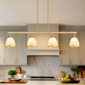 Modern Island Lights for Kitchen,4-Light Farmhouse Chandeliers for Dining Room Linear Pendant Light Fixtures Dining Room Chandelier Over Table Frosted Glass Lampshade Gold Hanging Lamp