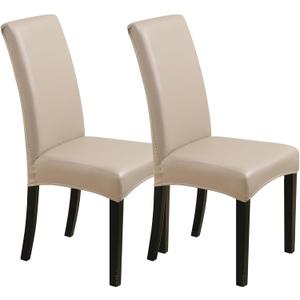 Waterproof Dining Chair Covers - Solid Oilproof PU Leather Chair Covers 2 Pack, Stretch Protector for Kitchen & Dining Room (Khaki, 2PC)
