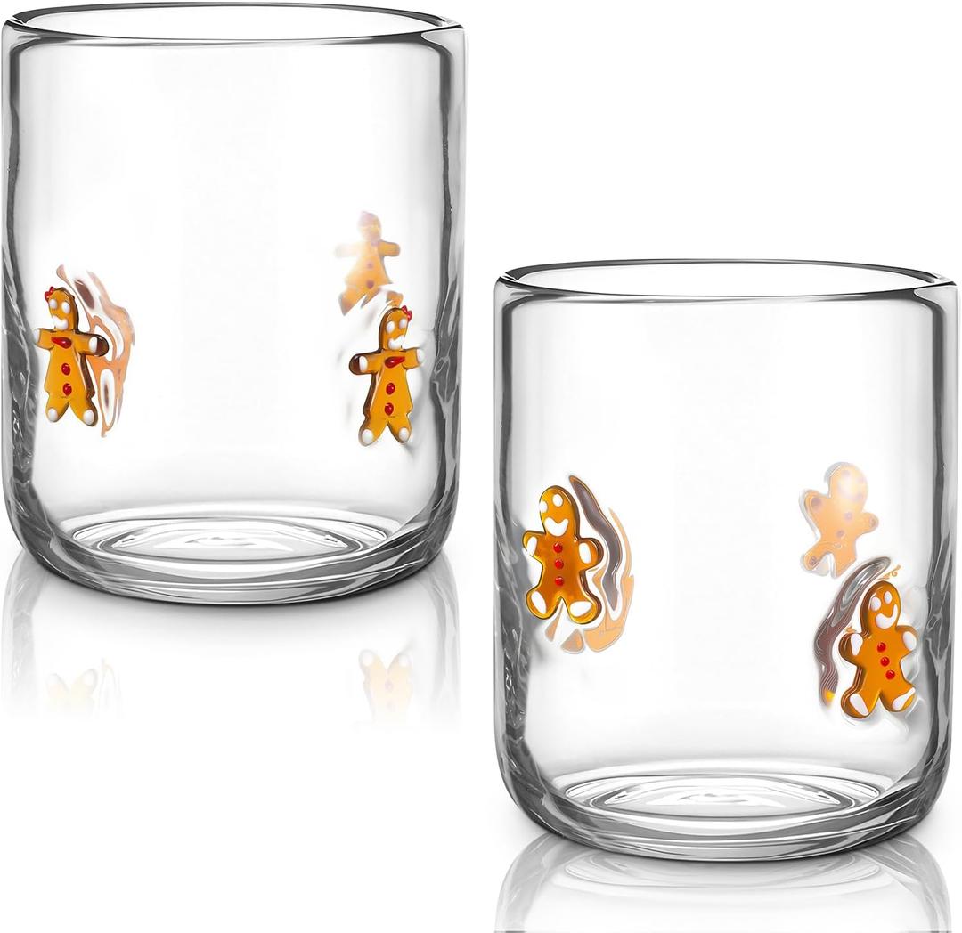 Vesici 2 Pcs Christmas Icon Juice Glass 16 oz Gingerbread Man Stemless Drinking Glasses Icon Juice Glasses Drinking Cups for Xmas Holiday Party Supplies and Lovely Gifts