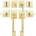 Goldenwarm Double Front Door Lock Set, Gold Double Front Door Handle with Dummy, Square Exterior Door Lever with Reversible Lever, Single Cylinder Deadbolt Combo