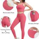 3 Piece Workout Sets for Women High Waisted Leggings with Pockets Tummy Control Biker Shorts Yoga Sports Bra,Small