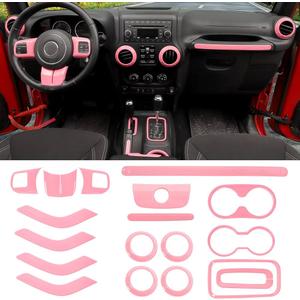 SQQP 18PCS Full Set Interior Trim Kit for Jeep Wrangler JK JKU 20112018 4 Door,Center Console Door Handle Side Outlet Cup Holder Gear Cover Trim (Pink)