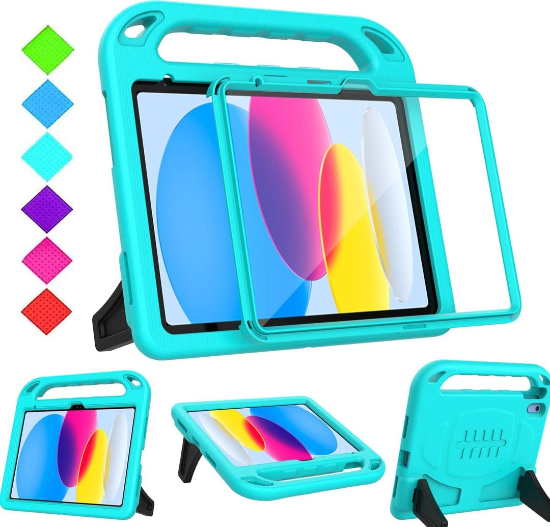 BMOUO Kids Case for 11th Generation (A16) 11 Inch 2025/10th Generation 10.9" 2022 - with Built-in Screen Protector, Shockproof Handle Stand 11th/10th Generation Case for Kids, Turquoise