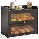 JANSNIMEN Large Bread Box for Kitchen Countertop Wooden Double Layer Breadbox Organizer with Window Vintage Farmhouse Bread Storage Container for Homemade Bread (Black)