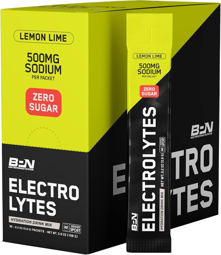 BARE PERFORMANCE NUTRITION BPN Electrolytes Go Packs Hydration Drink Mix | Sugar Free Electrolyte Powder | 500mg Sodium per Serving | Naturally Sweetened | Lemon Lime, 30 Servings