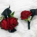 Red Rose Wrist Corsage Wristlet Band Bracelet and Men Boutonniere Set with Black Calla Lily for Wedding Flower Accessories Prom Suit Decorations