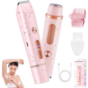 2 in 1 Bikini Trimmer for Women, Dual Head Electric Shaver with LED Display, IPX7 Waterproof Body Pubic Hair Trimmer Rechargeable Womens Electric Razor for Armpit Leg Body Facial Wet & Dry Use
