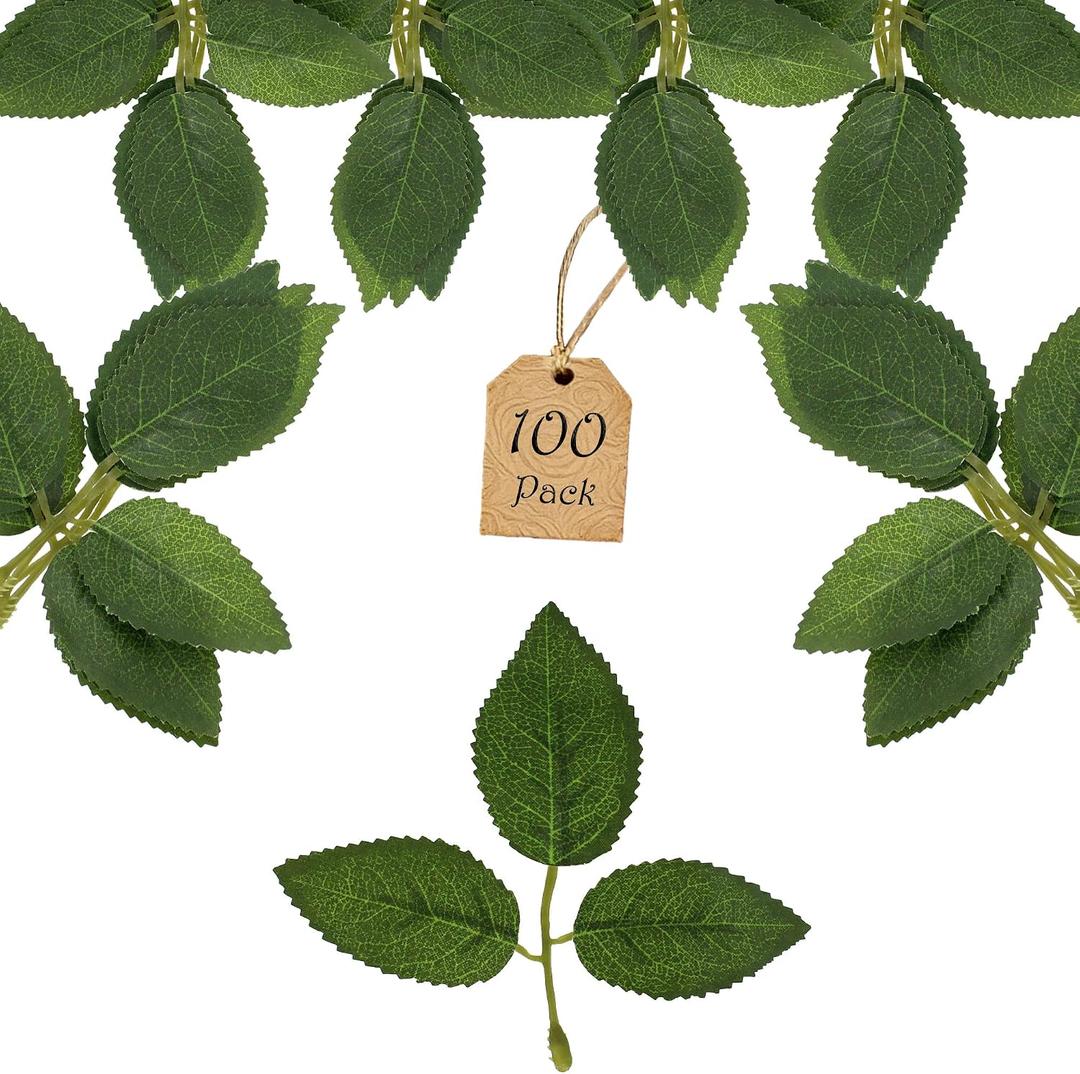 100 Pcs Artificial Flowers Green Leaf Bulk Faux Greenery Silk Fake Rose Leaves Bouquet Garland Wreath Floral Arrangement Supplie DIY Craft (1 Stem with 3 Medium-Leaf Green)