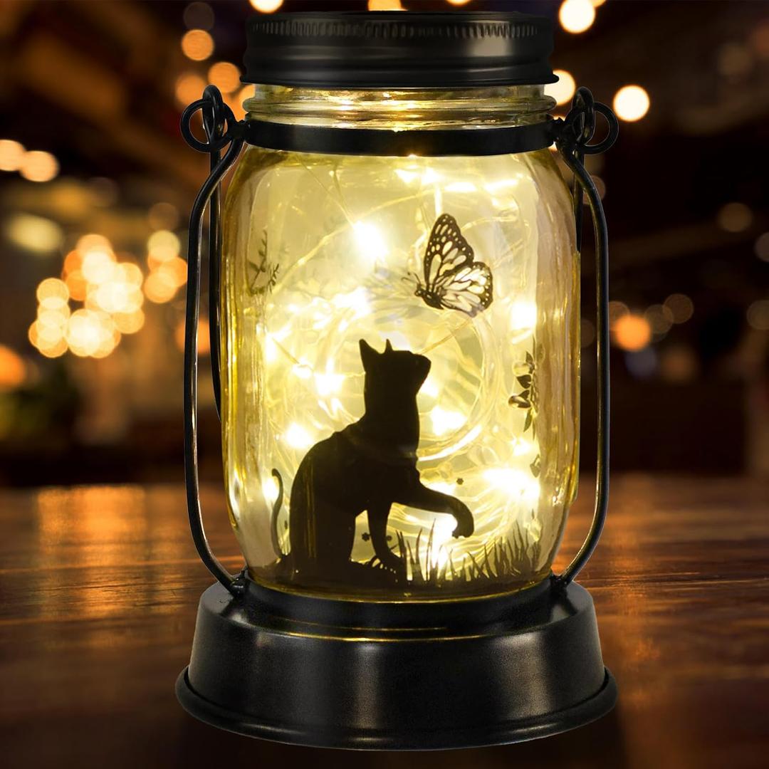 Cat Gifts Cat Lover Gifts for Women/Mom/Grandma/Sister, Mother Day Gift, Cats Butterfly Solar Lights Outdoor Hanging Cat Lanterns Fairy Lights, Kitty Lamps Decor for Yard Lawn Garden Patio