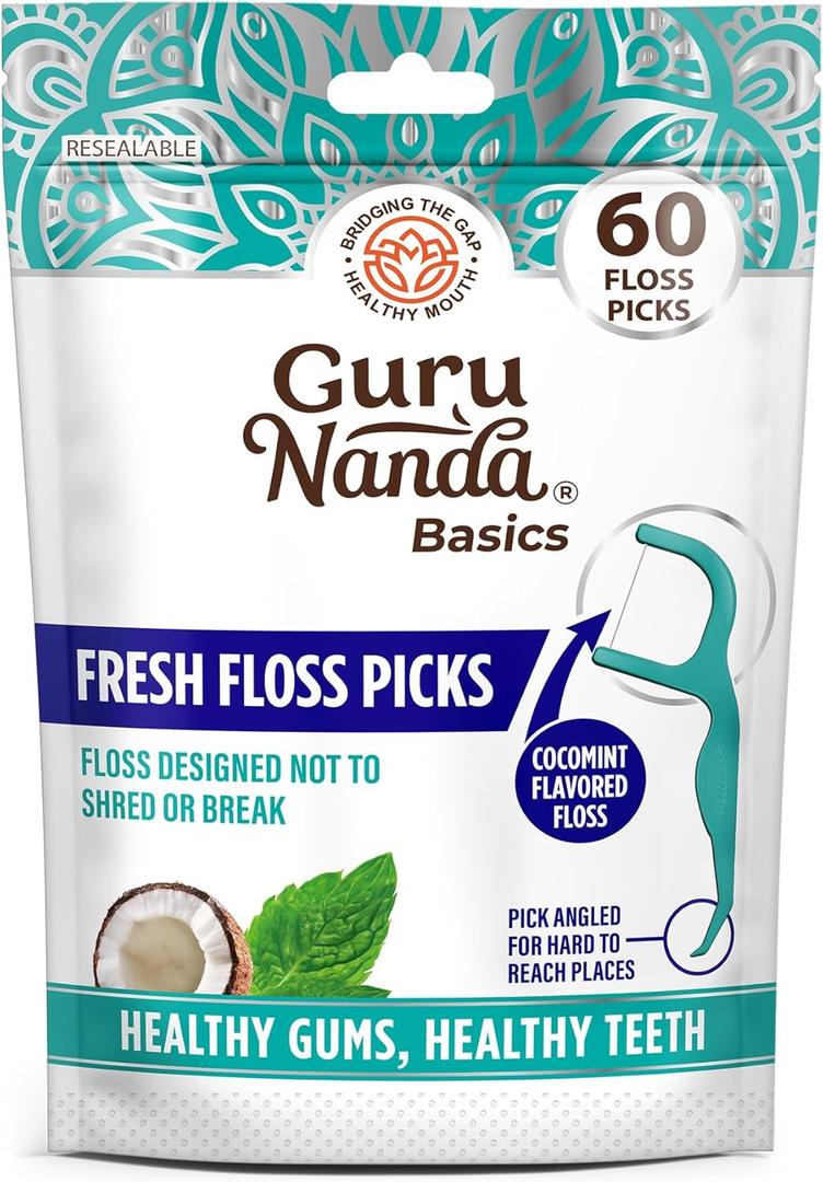 GuruNanda Fresh Floss Dental Picks - Non- Shred Thread with Angled Pick for Effective Plaque Removal - Dentist Recommened - Travel Friendly for Adults & Kids - 60 Pack